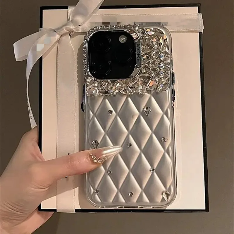 Glitter Silver Diamond Ochrana puzdro pre iPhone 16 11 12 13 14 15 Pro Max Plus Luxury Bling High-end Shock-odolný kryt