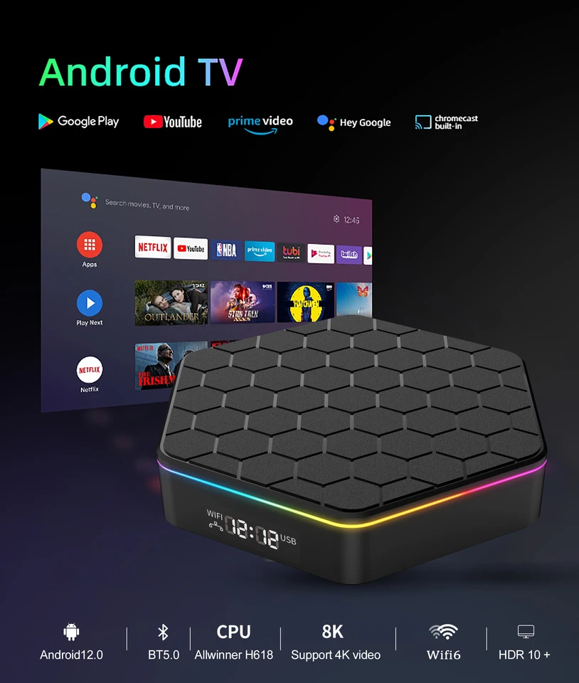 Globálna verzia Mortal T6 Smart TV Box Streaming Player Media Android12 WiFi6 Chromecast Bluetooth 4K HDR10 AllwinnerH618 4G32G