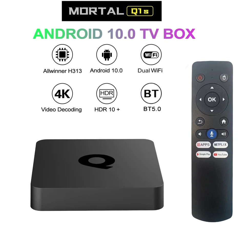 Globálna verzia Set Top Box Mortal Q1S Android 10.0 Allwinner H313 2GB16GB 4K 2,4G 5.8G Dual WiFi Support H.265 HEVC TV Box