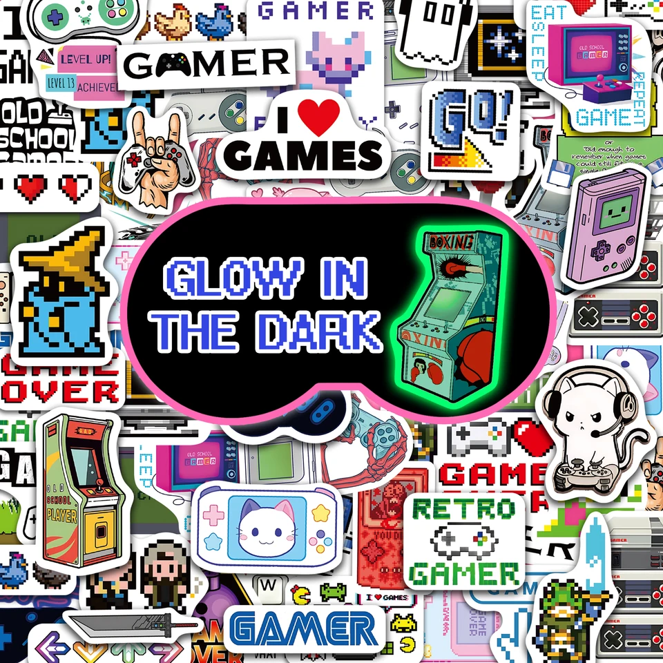 Glow In The Dark Game Style nálepky 54ks herný stroj Luminous Self-Absessive Notebook Vodotesné nálepky