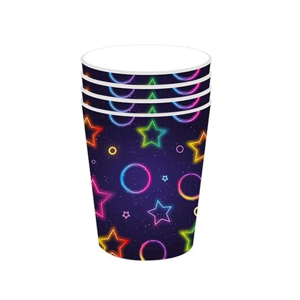 Glow In The Dark Party Cups Flachware Obruchy Platy Banner Striedy Slamienky Balóny Neon Glow Birthday Party Supplies