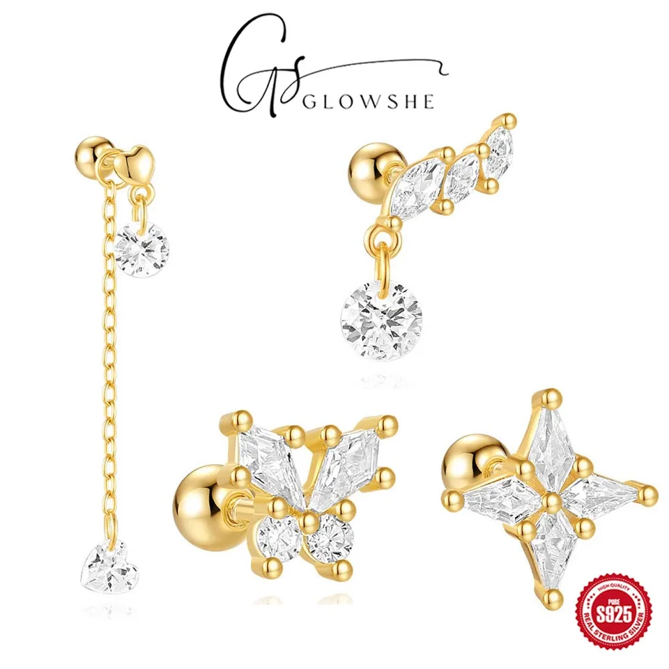 Glowshe 925 Sterling strieborný zirkónia srdiečko s motýľmi chrupavka Piercing Stud Stuch