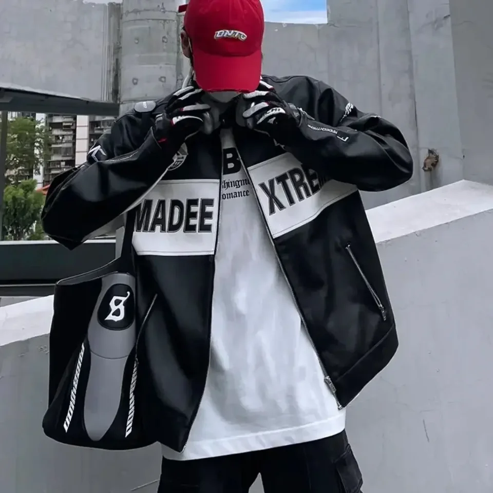 GMIIXDER Baseball Racing Jacket Men's Spring Autumn American Street Bomber Coat Unisex High Street Lette Motorcycle Loose Jacket