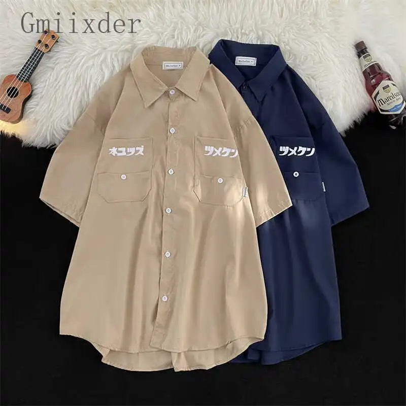 GMiixder Japonská námornícka modrá košeľa s krátkym rukávom pre mužov Summer 2024 Nový ľadový hodváb High Street High Street Loose Casual Workwear Blúzka