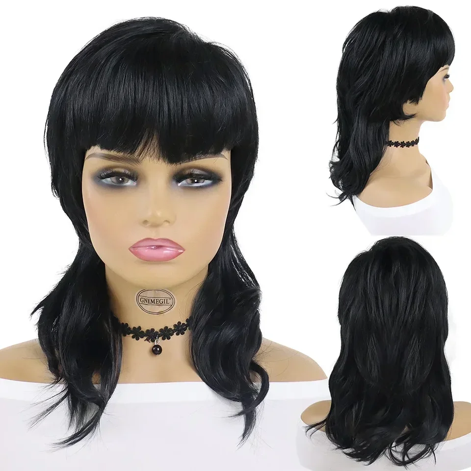 GnImegil Syntetické vlasy Prírodné shag parochne čierne ženy Čierna parochňa s treskami Mullet Dovetail parochňu parochňa Halloween kostým Party Cosplay