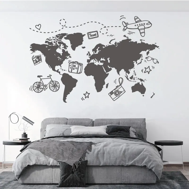 Go Travel World Map Wall Sticker Office Cestovná agentúra Holiday House Home Domov spálne Art Deco Creative Vinyl Decal Mural Darček D3