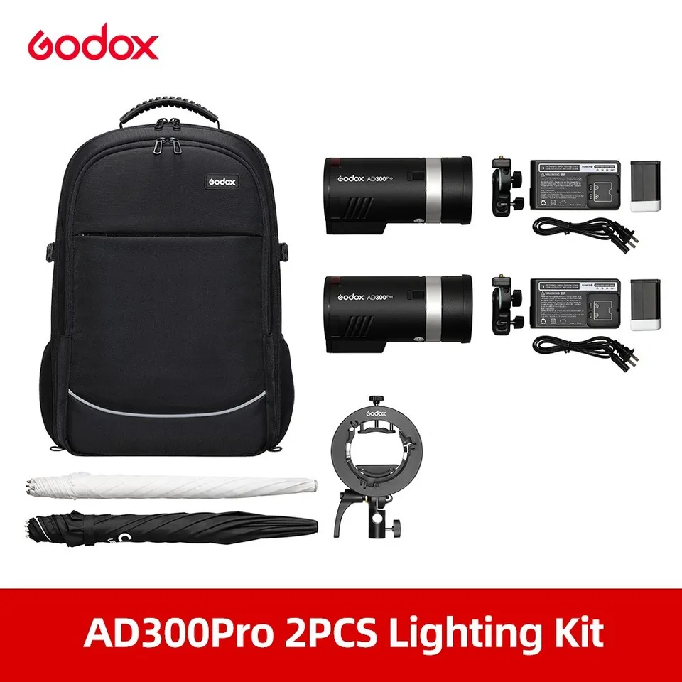 Godox 2pcs AD300PRO AD300 PRO 300W OUT BLACK BLASE s batohom + dáždnik + S2 Bracket Flash Kit