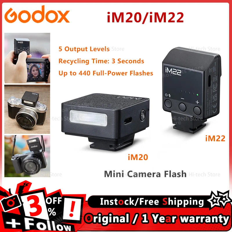 Godox IM20 IM22 Mini Flash Manual Flash pre rôzne modely fotoaparátov 5 Výstupné úrovne výkonu Universal Hot Shoe Mount