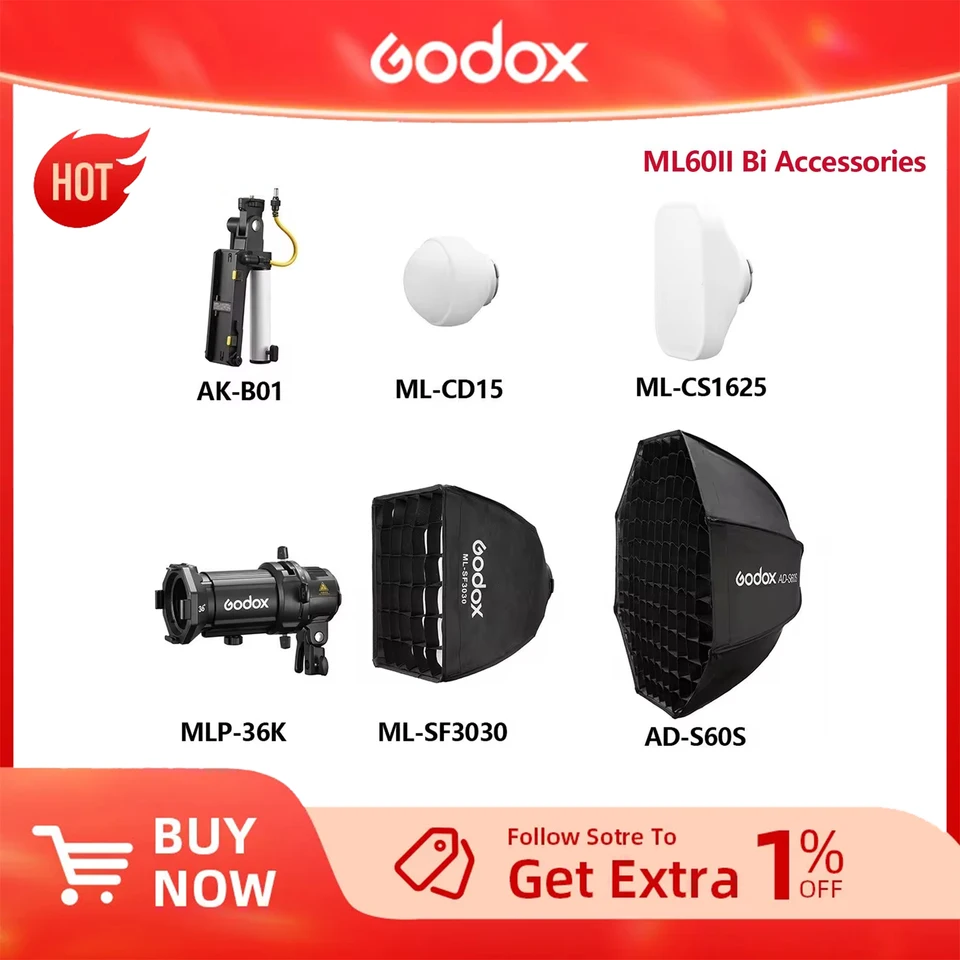 Godox ML60II BI príslušenstvo AK-B01 AK-B02 Adaptér batérie ML-CD15 Difúzna DOME ML-SF3030 AD-S60S Softbox MLP36K Spotlight Lens