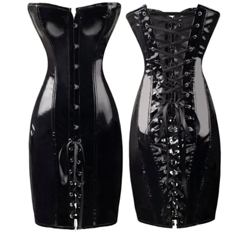 Goede Kwaliteit Zwart Rood Gothic Wetlook Vinyl Pvc Jurk Sexy Vouwen Lichaam Slank Korset Jur Nachtclub DS Faux Lederen Jurken