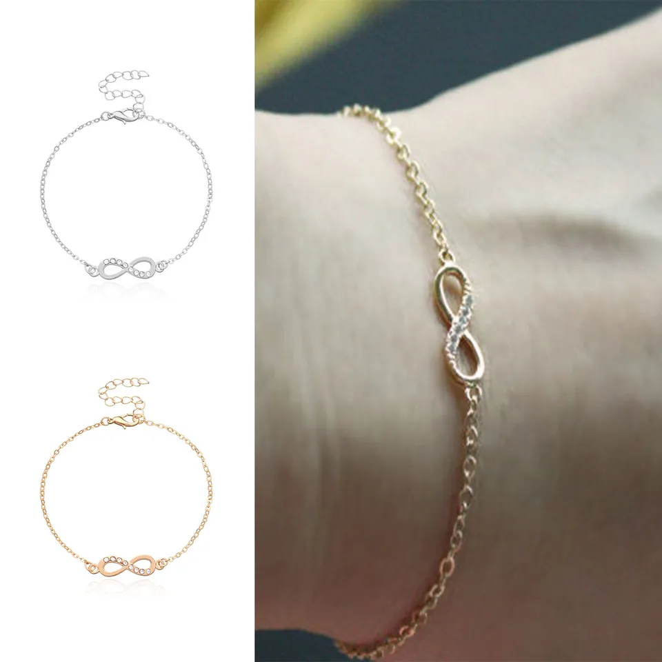 Gold Silver Color náramky pre ženy Infinity náramok s kubickou zirkónia 8 Tvarový reťazový náramok Darček