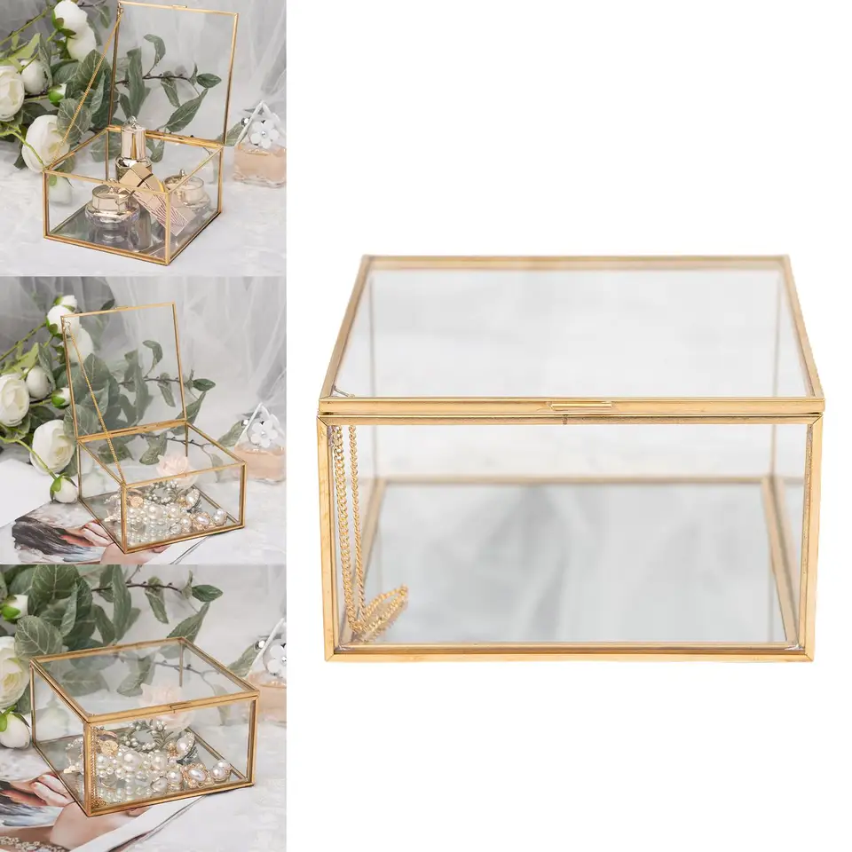 Golden Square Vintage Brass & Clear Glass Dekorative Box Home Decor, Organizátor s malými šperkami s krabičkou s západkovým vekom 5x5x3 