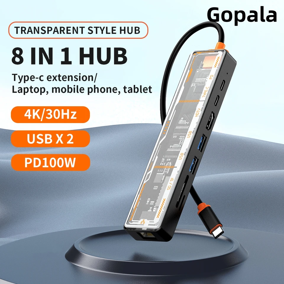 Gopala Arylic 8 in 1 USB C až HDMI Multiport Adapter s Ethernet, 100W PD, USB 3.0, USB2.0, TF/SD Card Reader, USB C Dock
