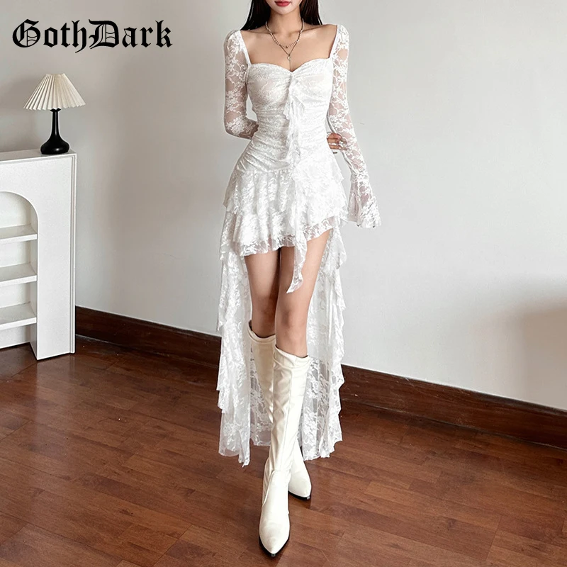 Goth Dark Fairycore Lace Lace Flare Ruckve Square krk šaty A-line Sladké e-dievča nepravidelné dlhé lemové šaty Cyber ​​y2k Party Vestido