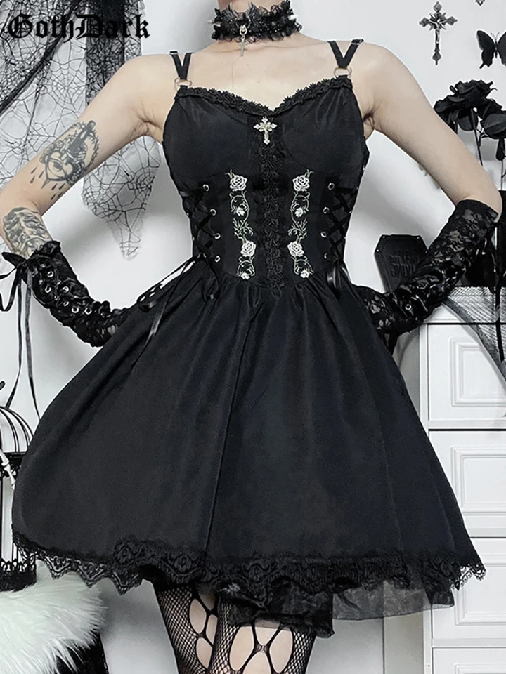 Goth Dark Lolita gotická estetická bandážová korzet šaty grunge štýl čierna výšivka emo šaty dám A-line Party Alt oblečenie