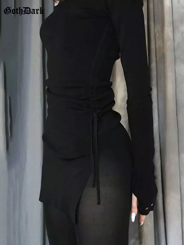 Goth Dark Mall Gothic Replact Bodycon Women Mini Šaty y2k punk čierny split Sexy s dlhým rukávom šaty Grunge Basic Partywear