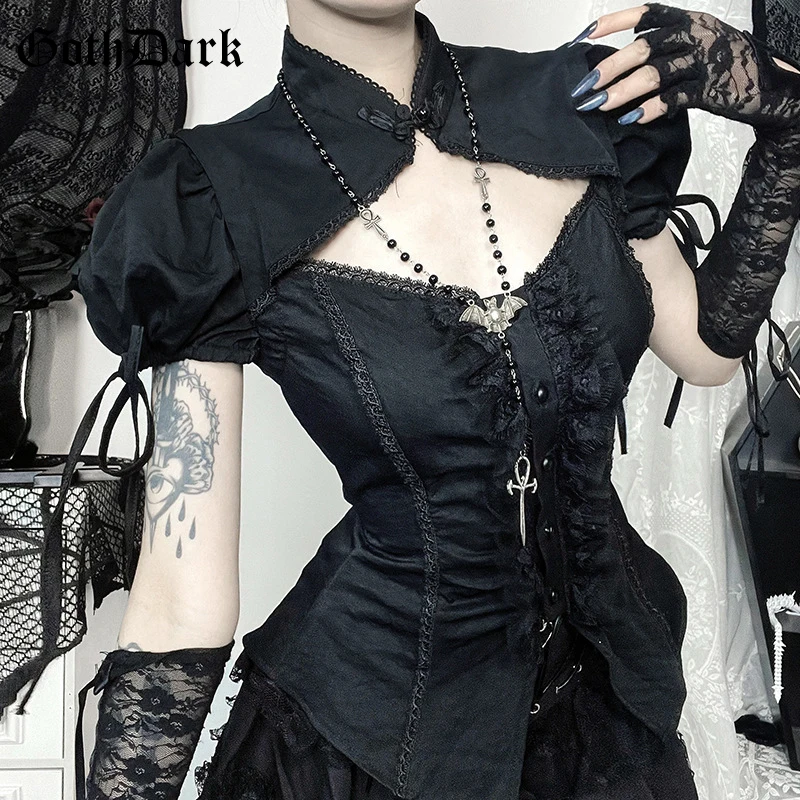 Goth Dark Techwear Čierna blúzka Sexy dutá výťahová šnúrka štíhle tričko E-dievča Lace Splice Alt Tops Tops Mall Gothic Dámske roztomilé košele