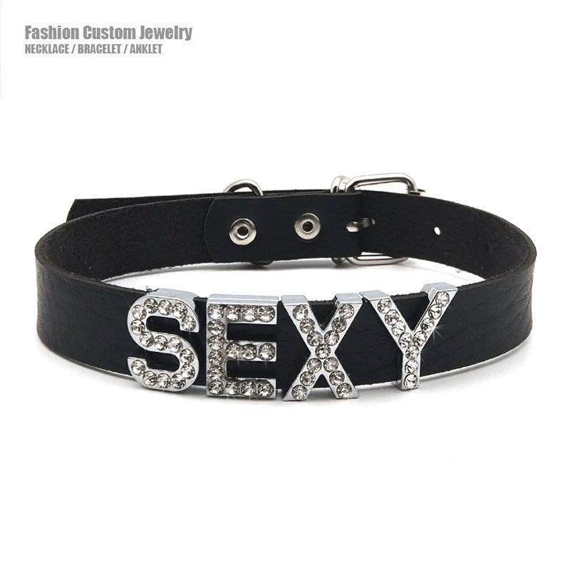 Goth Luxusný kamienok List sexy obojok žien Pánske meno Názov náhrdelníka Pu Leather Choker Party Club šperky