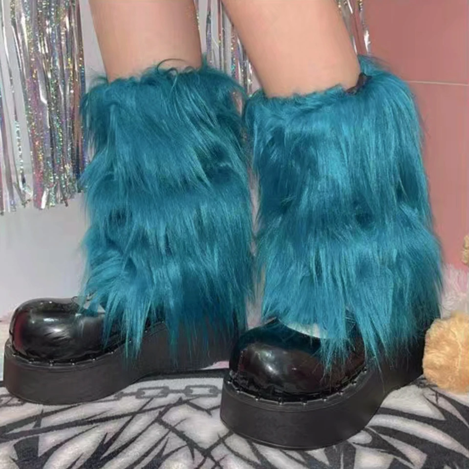 Goth modrá chlpatá noha ohrievače y2k faux kožušinové ohrievače topánky zakrývajúce lady leopard jk koleno-dĺžky bedrové hipster módne ponožky