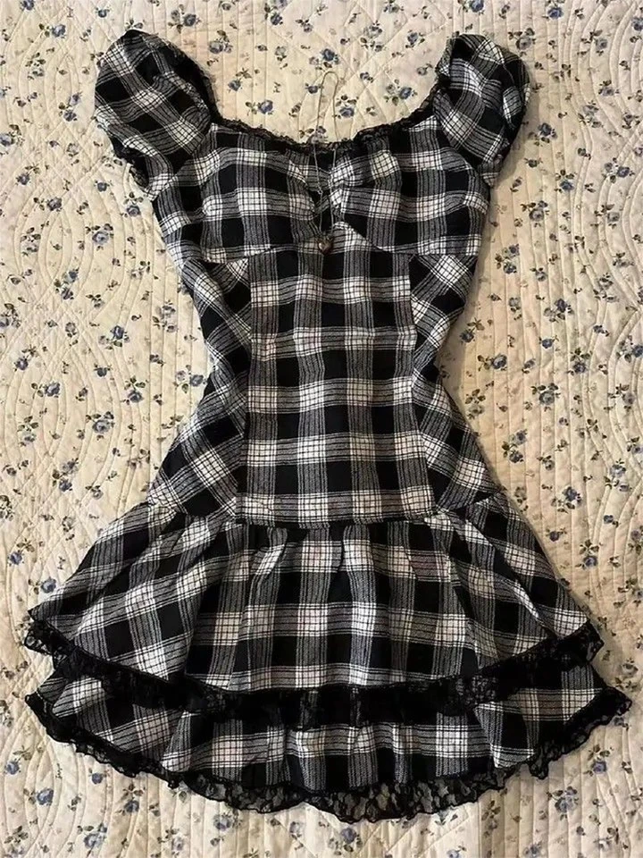 Gothic harajuku mriežky šaty módne silmy2k topy emo dievča grunge punk ulica retro americký štýl sexy čipky dámske šaty
