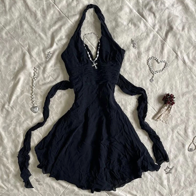 Gothic Harajuku Vintage Y2K Dámske šaty Sexy štíhle elegantné príležitostné šnurovacie dizajn Halter krk šaty punk rock emo girl streetwear