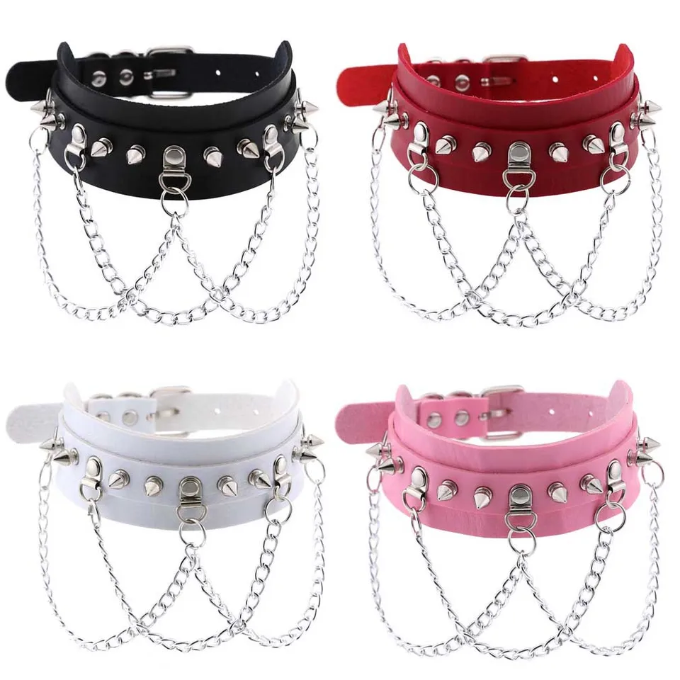 Gothic Pu Leather Choker Norkomlat pre ženy Men Girls Boys - Punk Rock Choker Reťazový kovový náhrdelník pre kostým Halloween Party