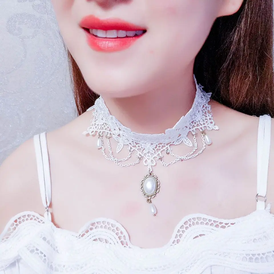 Gotická perla biele ženy nevesta Svadobné vyhlásenie Šperky golier Choker Svadobný náhrdelník