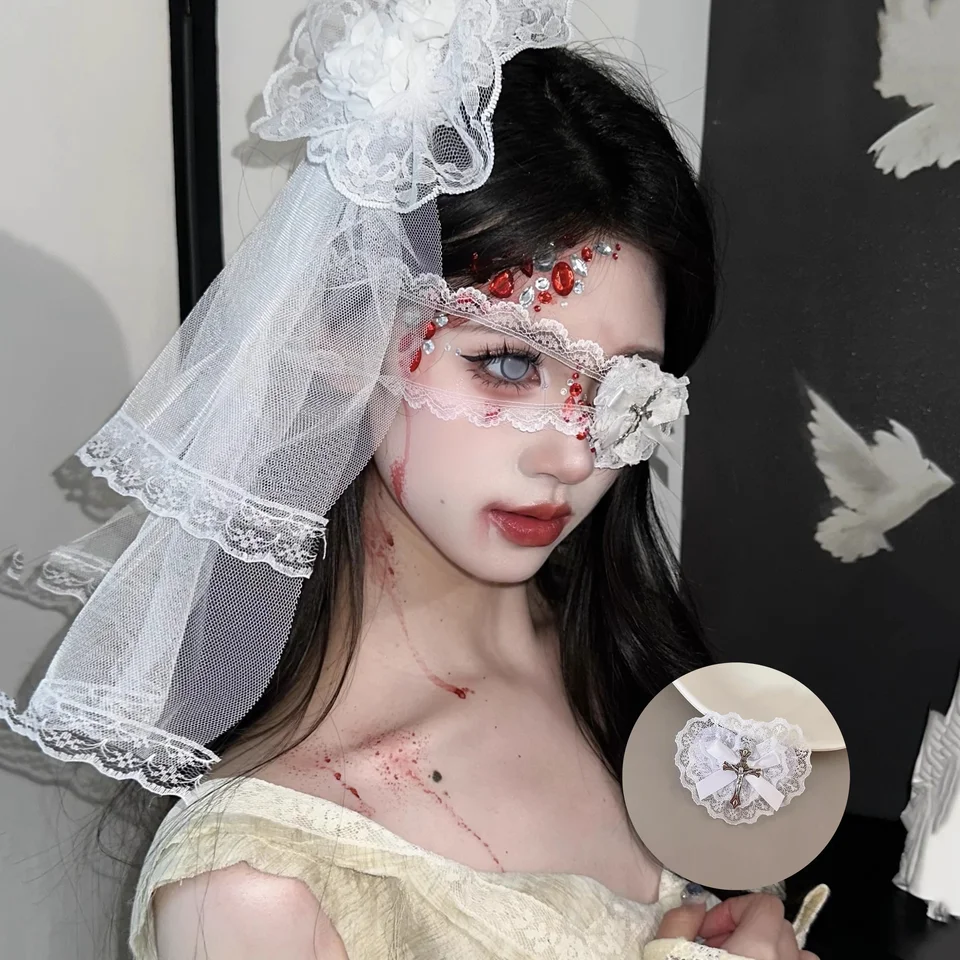 Gotická čierna biela čipka Eye Patch Girls Cosplay parný krup