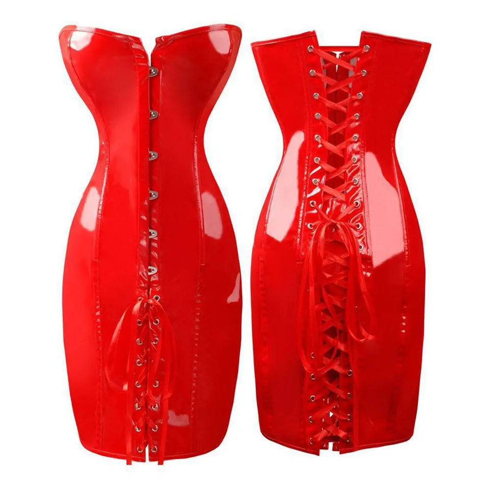 Gotické dámske sexy lesklé PVC faux kožené šaty korzet dlhé čierne červený mokrý mokrok latex šnurované teleso shaper bustiers korzet