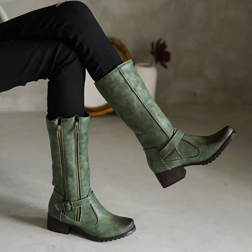 Gotické okrúhle prsty Cool Zimná olivová armáda zelené žien topánky bojové topánky zips zips Mid-Calf Ženy jazdiace na jazdeckých topánkach