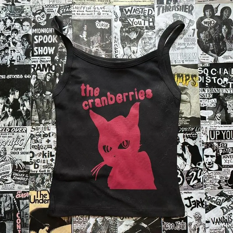 Gotický punk baby Tee vintage ulica Dámske mačky grafika grunge tričko y2k oblečenie estetické roztomilé tenké plodiny top tričko Slim Goth