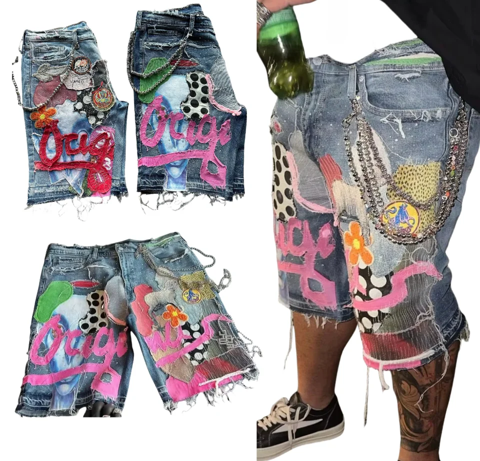 Gotický punk lebka Letter Patchwork Shorts Men Y2K Streetwear Pants Hip hop módne džínsové džínsové kraťas