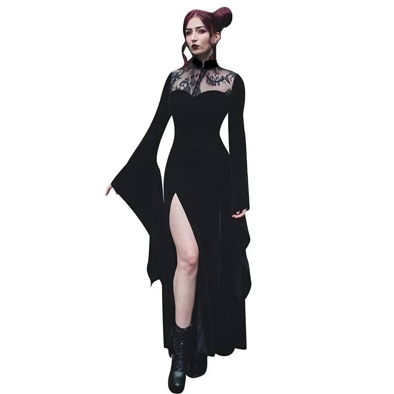 Gotický tmavý kostým sexy čipka maxi podlahy Ženy šaty šaty erupre rukáv vysoká štrbina stehná Halloween kostým čarodejnica čarodejnica
