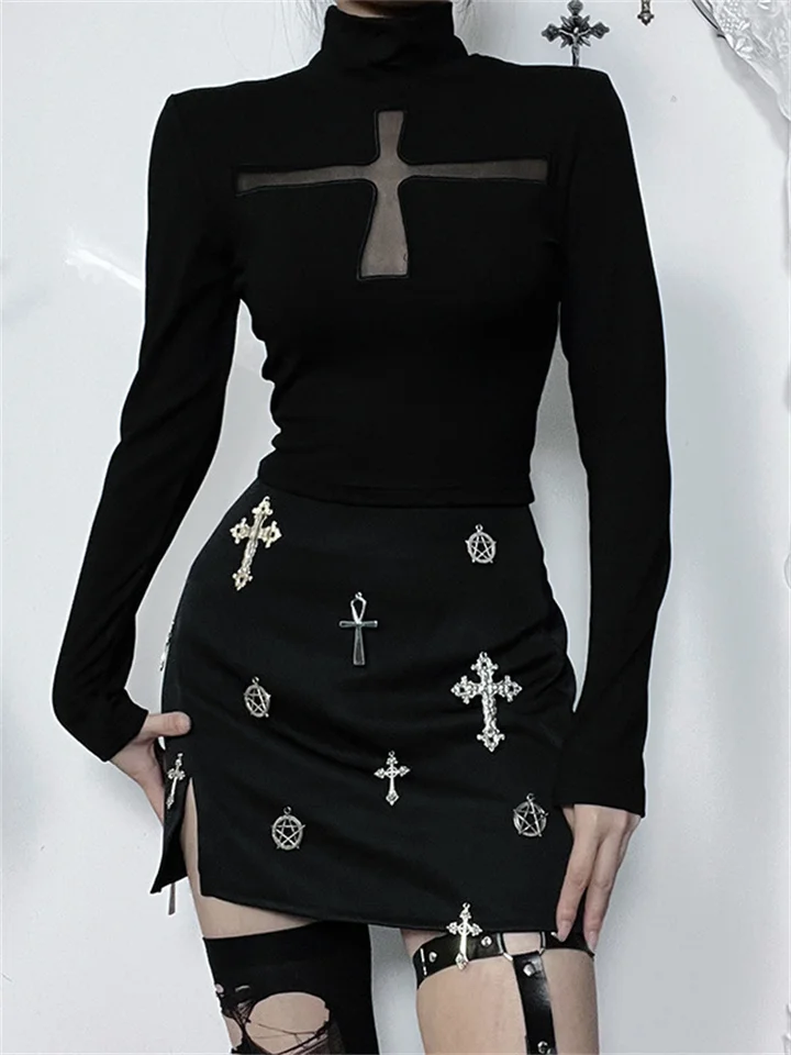 Gotický tmavý kríž dutina s dlhým rukávom Top harajuku y2k vintage punk sexy perspektíva módny štýl štíhle ženy top 2023 jeseň nové nové