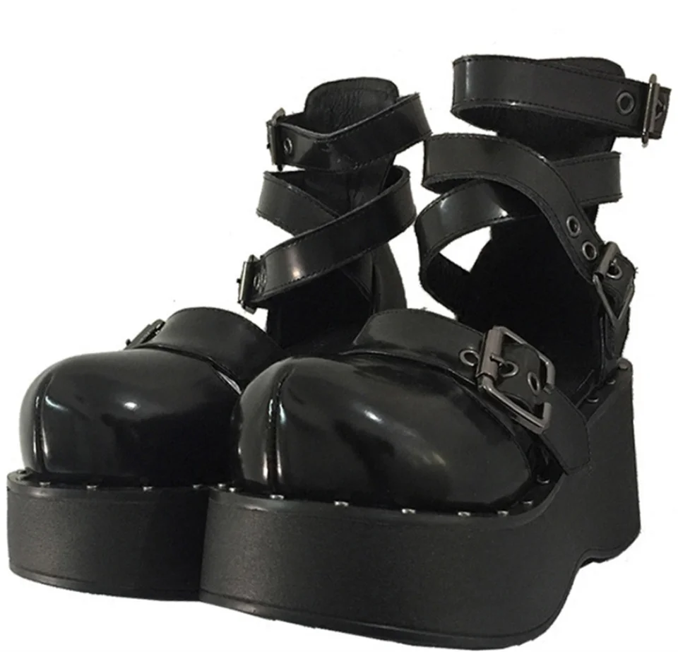 Gotický tmavý punk japonské topánky lolita vintage krížový remienok okrúhle hlava dámske topánky plochá platforma topánky kawaii topánky loli cosplay
