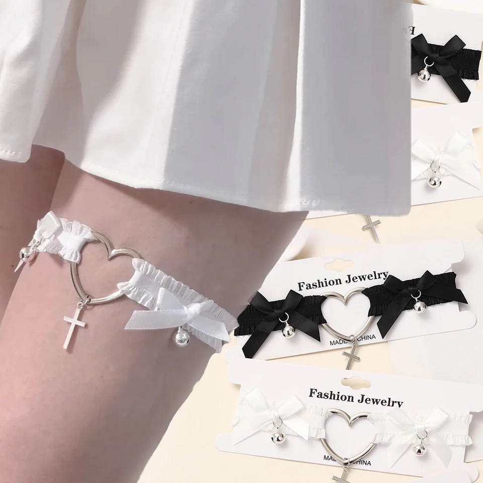 Gotický čipkovaný podväzkový opasok srdce Bowknot Čierne biele elastické chokerové popruhy Cosplay Bondage Bedla postrojový postroj kríž Lolita nohy