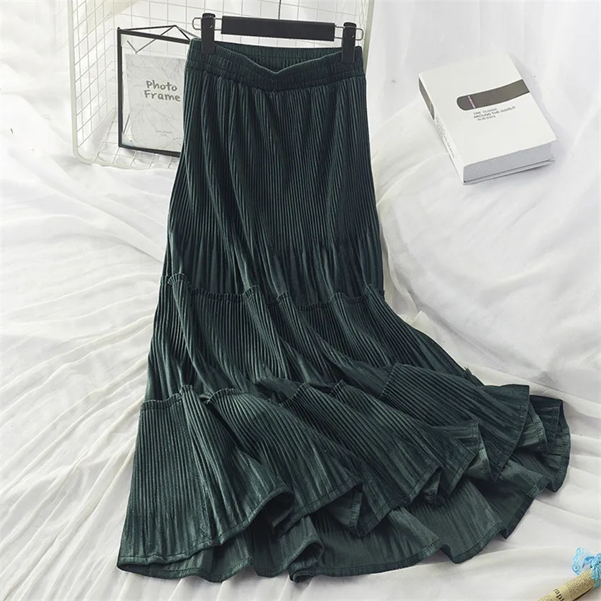 Gowyimmes Autumn Veľká veľkosť Vintage módne ženy midi-long sukňa Slim Lady Multi-vrstvová skladaná sukne elastický pás PD698