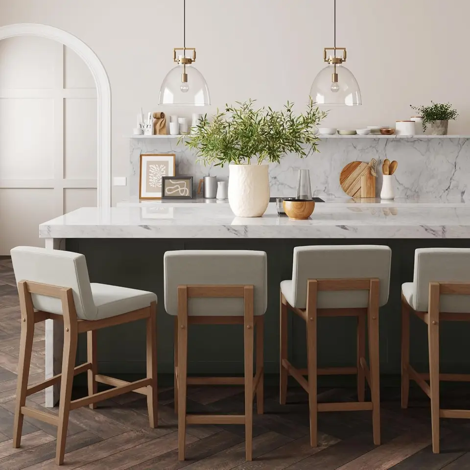 Gracie Modern Counter Height Bar Stool s chrbtom, čalúnená stolička na stoličky, prírodná ľan/hnedá, sada 4