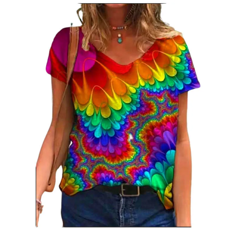 Gradient kravata kvetina kvetinové kvetinové 3D tlačové tričko Dámske dámske tričká Y2K Tops Woman Harajuku V-krč