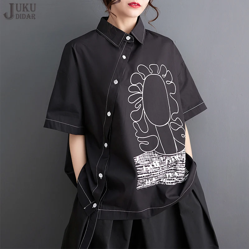Graffiti tlač japonský štýl Nový 2023 Summer Woman Black White Nadmerná voľná blúzka Unikátna streetwear Veľká košeľa JJXS044
