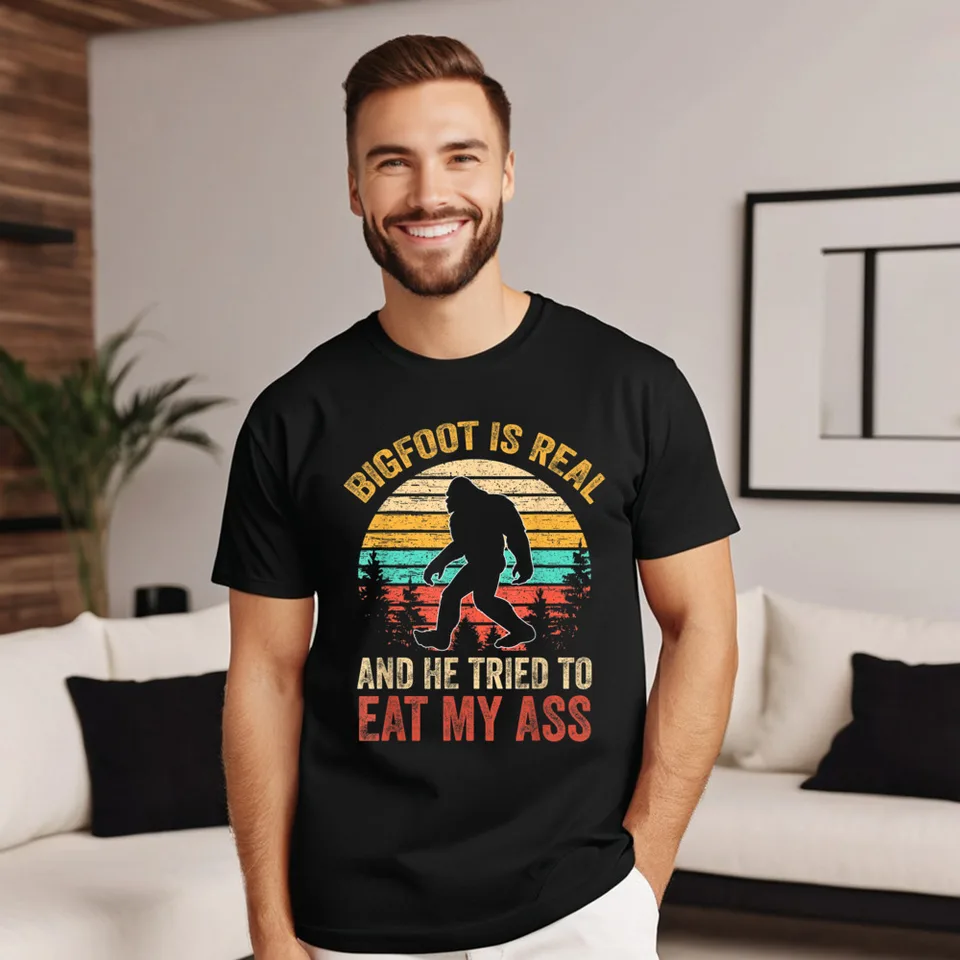 Graficko-krátke rukávy Tops & Tees Day Day Zľava zľava bavlnená tkanina Tees Men Tričká Bigfoot sú skutočné a on