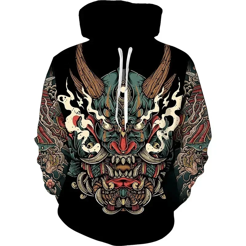 Grafická mikina duchovnej masky Grafická mikina pre mužov Japan samurai 3D tlačená mikina Príležitostné pulóver voľné mikiny s dlhými rukávmi vrcholy
