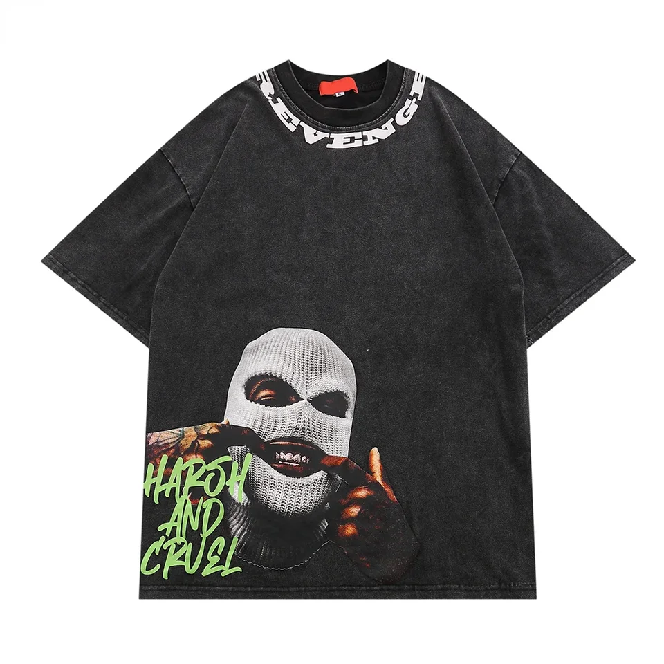 Grafické vytlačené umývané bavlnené pánske tričko Summer mimo ramenných košieľ Harajuku Man Hip Hop Hop Streetwear Nadmerne Loose Top Top Top Tees