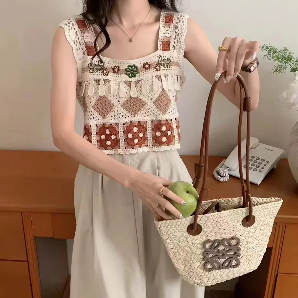 Granny Square Crochet Cami Top Open pletená strapca bez rukávov Square Crop Crop Top Dámske letné rozprávkové oblečenie Cottagecore
