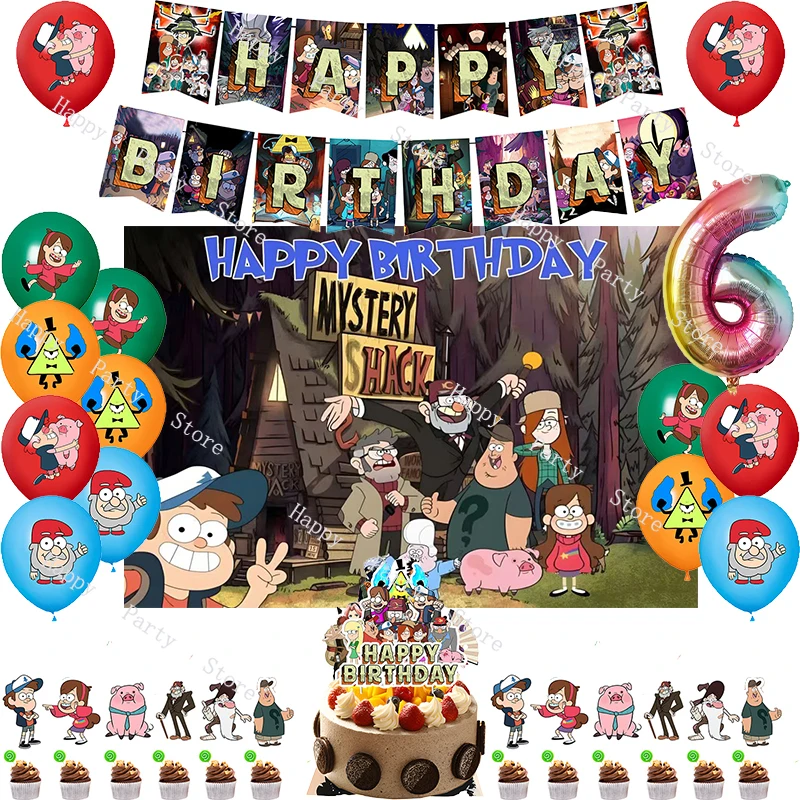Gravity Falls Narodeninová oslava dekorácia Gravitácia Falls Podľa možností Balónový pozadie koláča topper narodeninové oslavy Dodávky