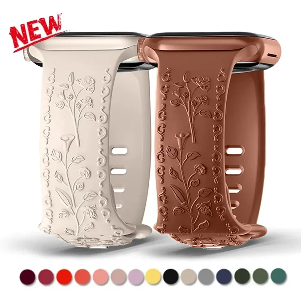 Gravírovaný silikónový pás pre Apple Watch Series 9 8 41 mm 45 38 40 mm kvetinový remienok pre Iwatch Ultra 2 49 mm 7 SE 6 5 4 42 44 mm korea