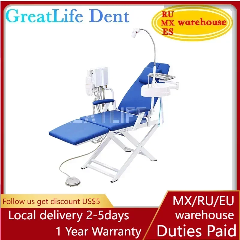 GreatLife Dent Dental Unit Dental Stolička Kompletná sada Dental Skladacia stolička Predaj s LED žiarovkou a prenosnou jednotkou turbíny