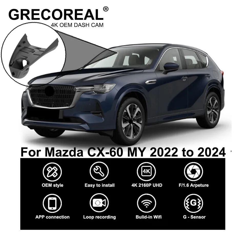 GRECOREAL 4K DASH CAM predná a zadná 2160p WiFi Car Dual Dashcam App Control Plug Play Kompatibilná s Mazda CX-60 CX60 CX 60