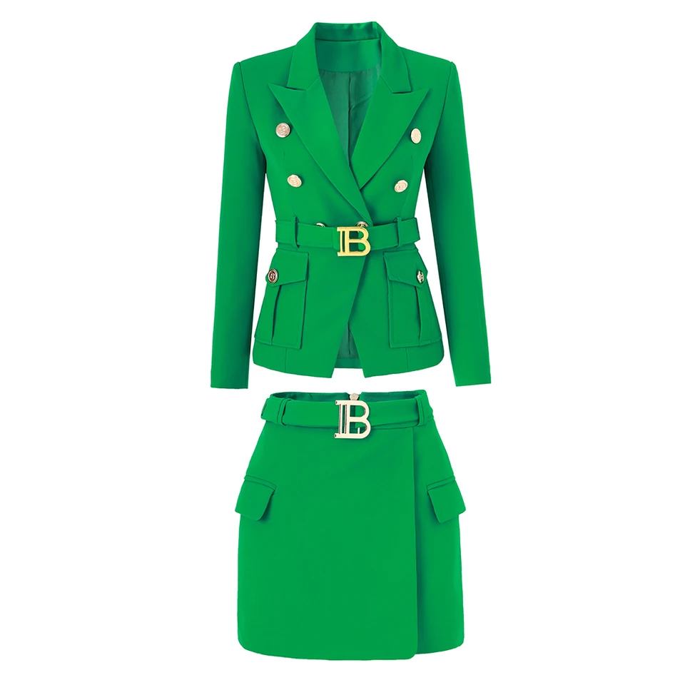 Green Office Lady Pocket Blazer a sukňa 2 kusy súprava s opaskom elegantné solídne farebné fashion módne ženy
