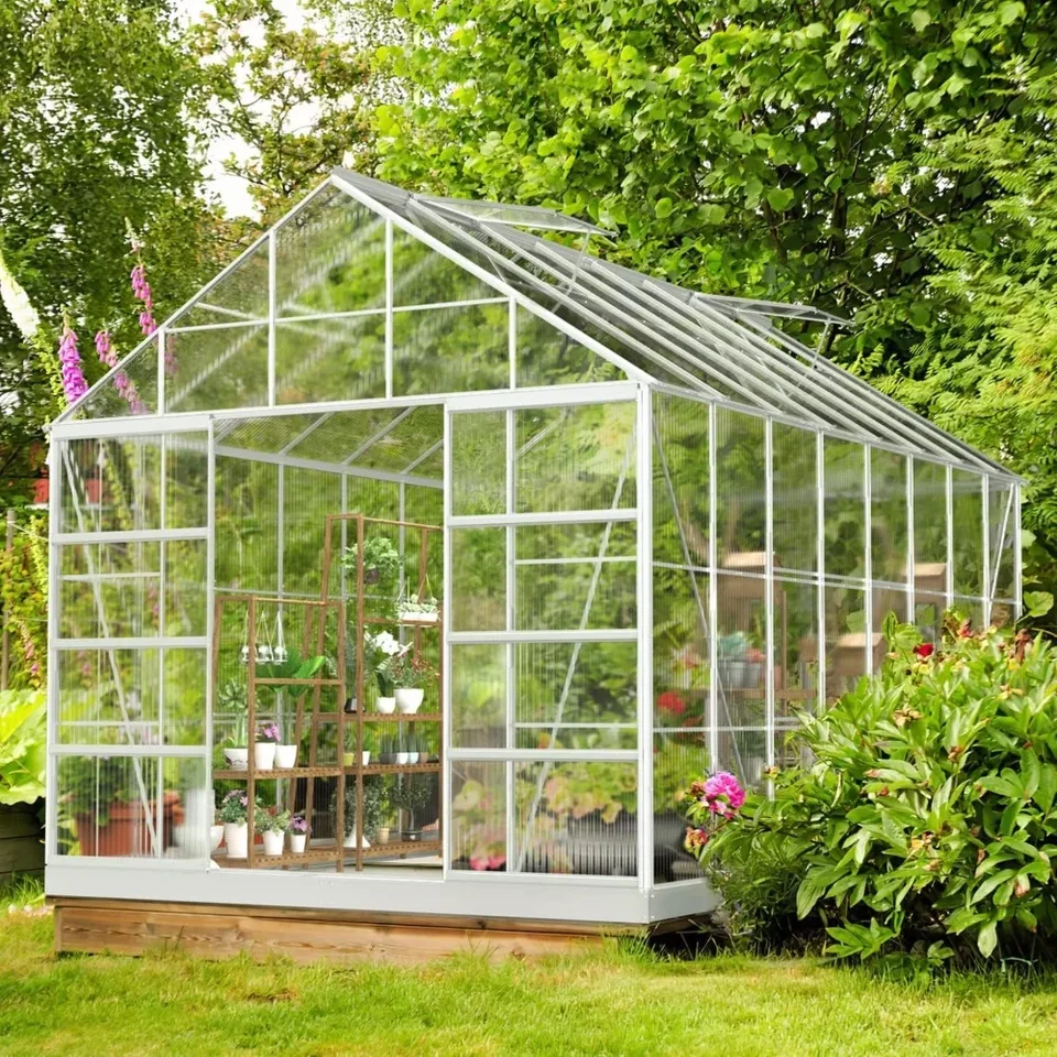 Greenhouse 10 'x 16' Vonkajší hliníkový polykarbonát s nastaviteľným strešným vetraním a posuvnými dverami pre záhradu na záhrade v zime